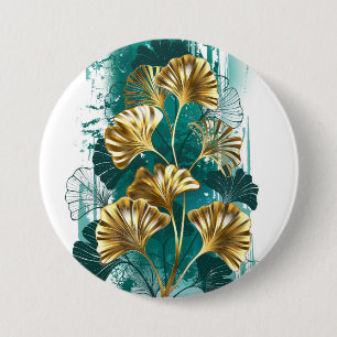 Badge Rond 7,6 Cm Branche avec Feuilles d'or Ginko Biloba