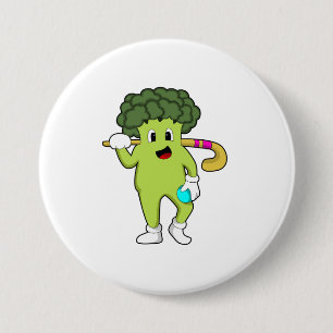 Badge Rond 7,6 Cm Broccoli à Hockey avec chauve-souris de hockey