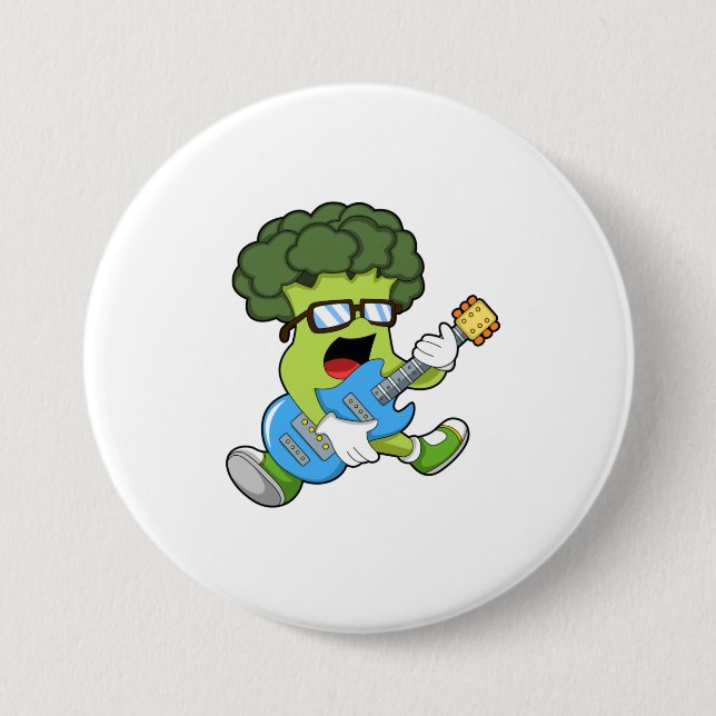 Badge Rond 7,6 Cm Brocoli comme musicien avec guitare (Devant)