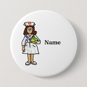 Badge Rond 7,6 Cm Brunette Female Nurse Button Add Name !