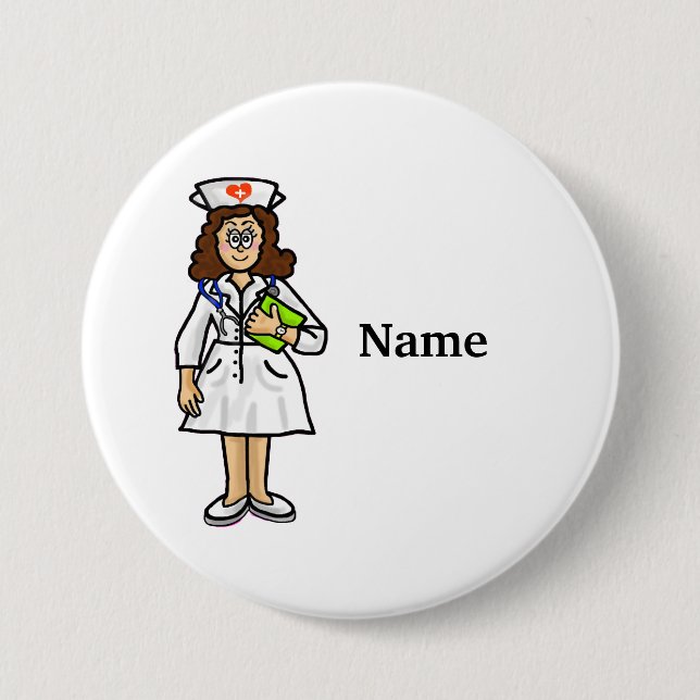 Badge Rond 7,6 Cm Brunette Female Nurse Button Add Name ! (Devant)