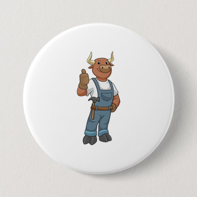 Badge Rond 7,6 Cm Bull comme Handyman avec Hammer (Devant)