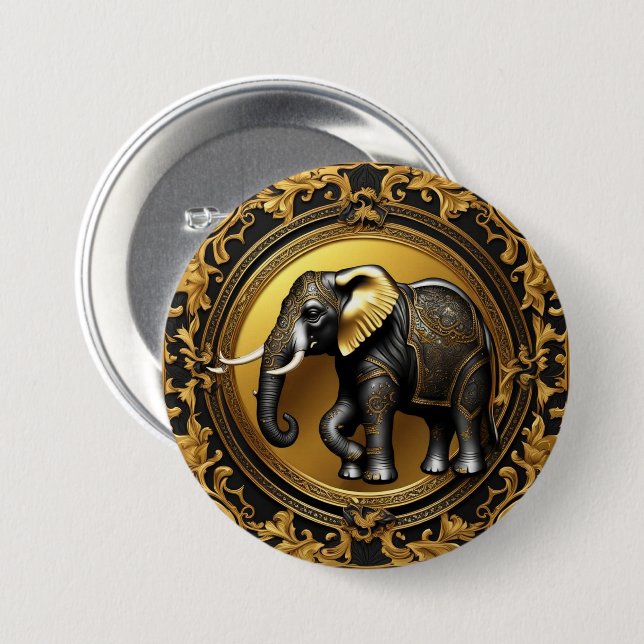 Badge Rond 7,6 Cm Cadre ornemental en or éléphant (Devant & derrière)