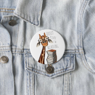 Badge Rond 7,6 Cm Calme S'il vous plaît je lis, Livre Lover Giraffe 