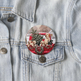 Badge Rond 7,6 Cm Camion Rouge Rétro De Noël Avec Chiens En Chiens D