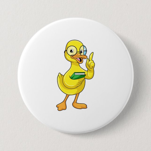 Badge Rond 7,6 Cm Canard comme enseignant avec livre et lunettes (Devant)