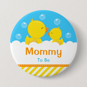 Badge Rond 7,6 Cm Canard en caoutchouc jaune et bleu Maman à venir