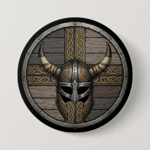 Badge Rond 7,6 Cm Casque à cornes de Viking Bouclier