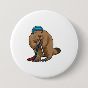 Badge Rond 7,6 Cm Castor au hockey sur glace avec bâton de hockey su