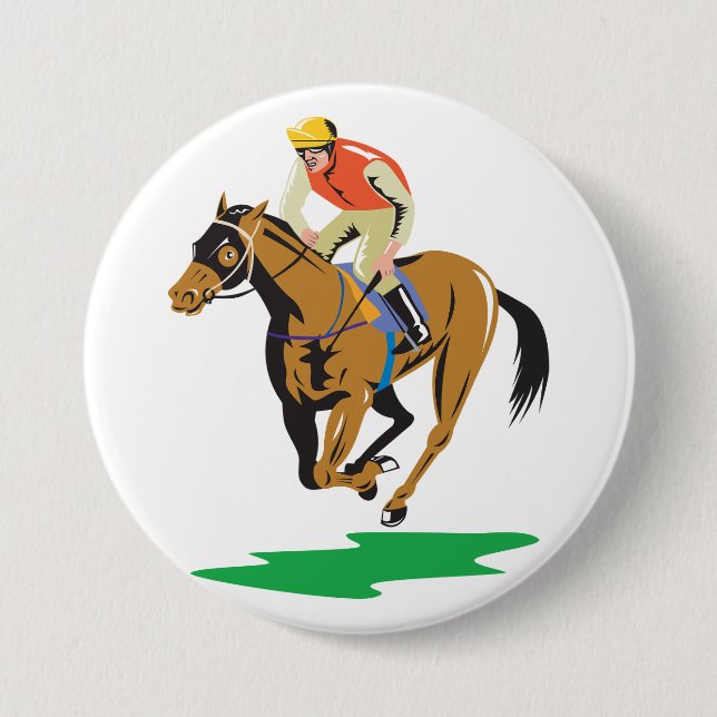 Badge Rond 7,6 Cm Cavalier de course de chevaux au galop (Devant)