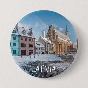Badge Rond 7,6 Cm Centre-ville hivernal neige à Riga, Lettonie