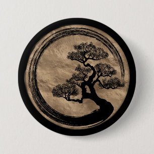 Badge Rond 7,6 Cm Cercle de zen d'Enso et or d'arbre de bonsaïs