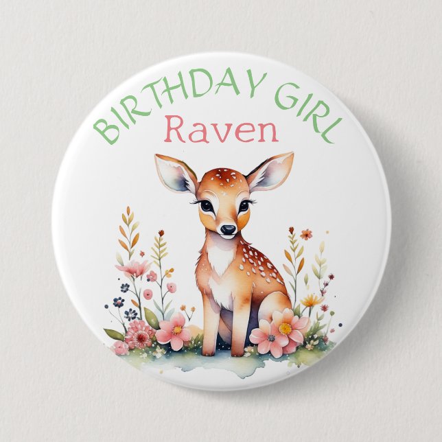 Badge Rond 7,6 Cm Cerf de bébé personnalisé en fleurs Fille d'annive (Devant)