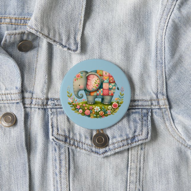 Badge Rond 7,6 Cm Charme de Prairie Florale à l'Éléphant Patchwork (En situation)