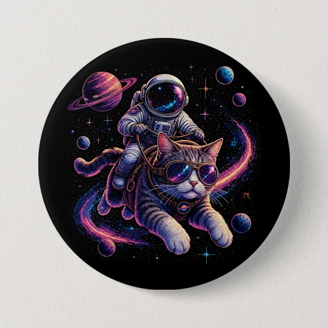Badge Rond 7,6 Cm Chat astronaute chevauchant à travers l'espace (Devant)