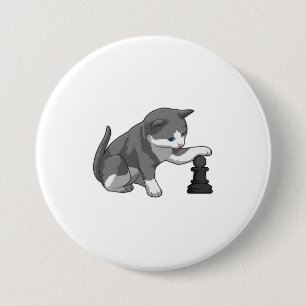 Badge Rond 7,6 Cm Chat aux échecs avec pièce d'échecs Évêque