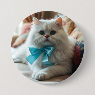 Badge Rond 7,6 Cm Chat blanc mignon avec chou bleu