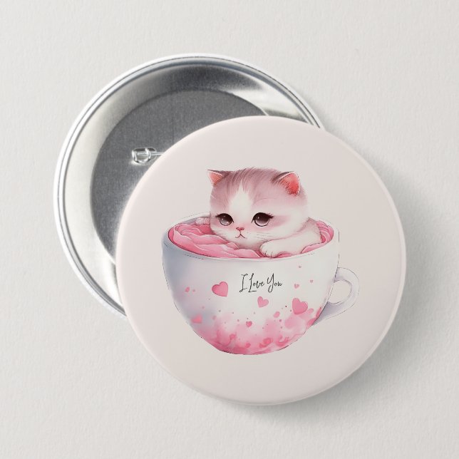 Badge Rond 7,6 Cm Chat Chibi Rose Kawaii Avec Une Mignonne Couronne (Devant & derrière)