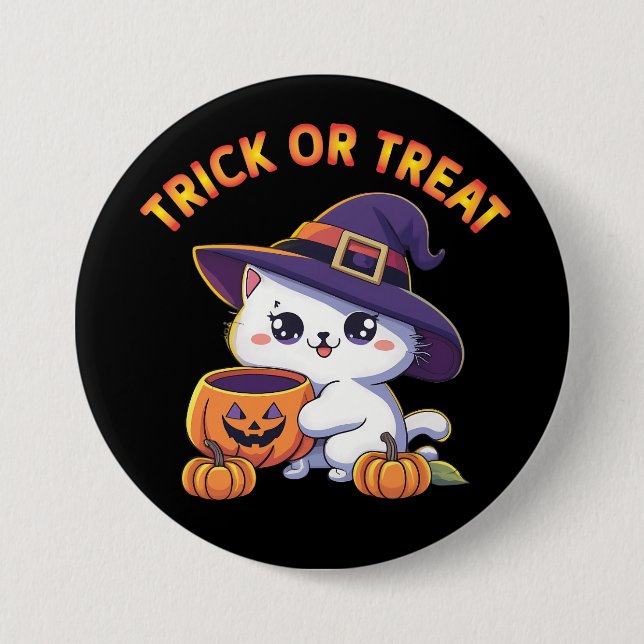 Badge Rond 7,6 Cm Chat d'Halloween avec Citrouille Jack O' Lantern (Devant)
