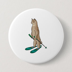 Badge Rond 7,6 Cm Chat en Ski avec Pôles de Ski & Ski
