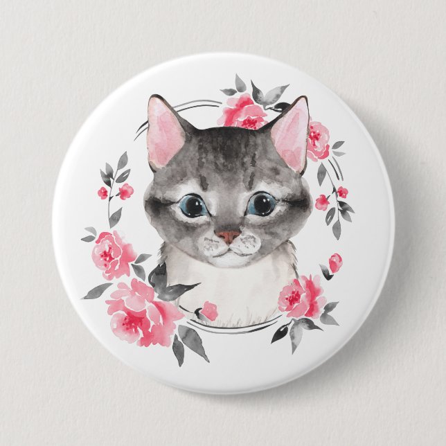 Badge Rond 7,6 Cm Chat gris avec des fleurs. Aquarelle (Devant)