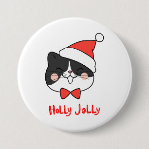 Badge Rond 7,6 Cm Chat Holly Jolly Cute Kawaii Père Noël