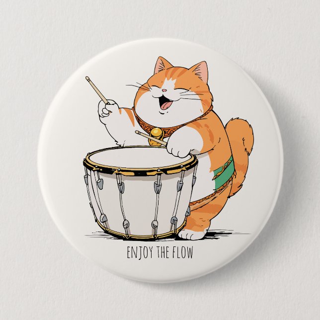Badge Rond 7,6 Cm Chat joue du tambour (Devant)