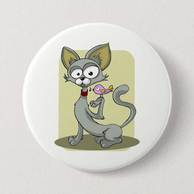 Badge Rond 7,6 Cm Chat maigre et oiseau rose (Devant)