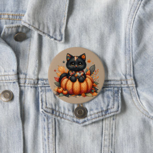 Badge Rond 7,6 Cm Chat noir sur Citrouille avec Motif de courtepoint