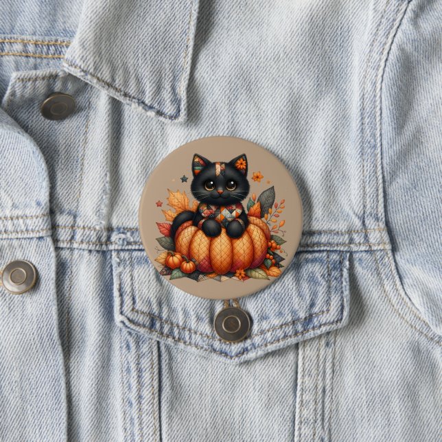 Badge Rond 7,6 Cm Chat noir sur Citrouille avec Motif de courtepoint (En situation)