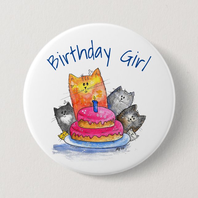 Badge Rond 7,6 Cm Chats fantaisistes avec gâteau d'anniversaire (Devant)