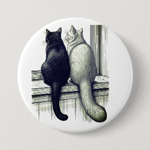 Badge Rond 7,6 Cm Chats noirs et blancs à la fenêtre