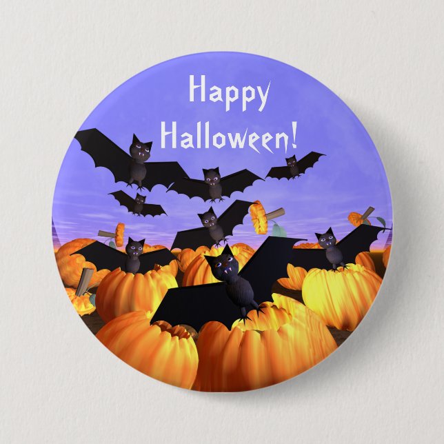 Badge Rond 7,6 Cm Chauves-souris d'Halloween et Citrouilles (Devant)