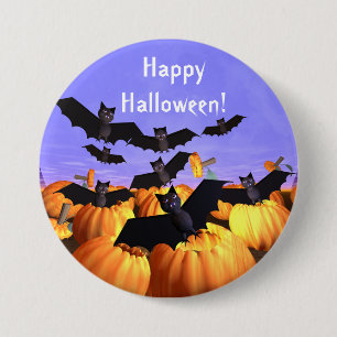 Badge Rond 7,6 Cm Chauves-souris d'Halloween et Citrouilles
