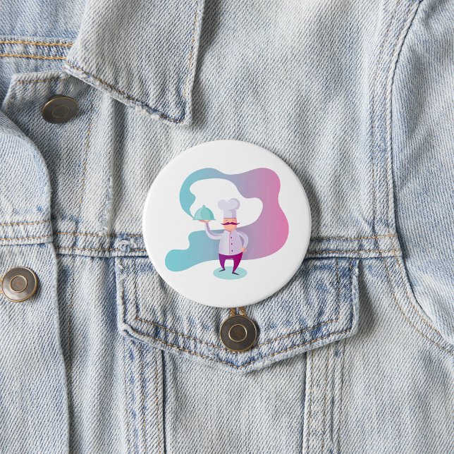 Badge Rond 7,6 Cm Chef souriant avec Moustache et plateau de service (Créateur téléchargé)