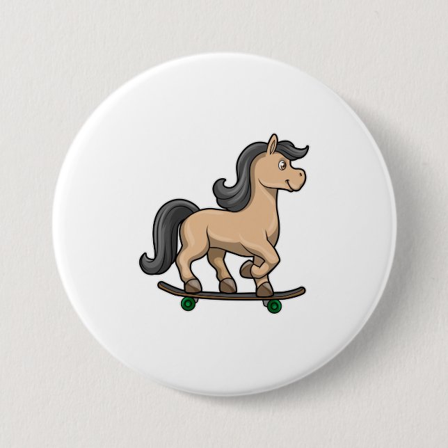 Badge Rond 7,6 Cm Cheval en Patinage avec Skateboard (Devant)