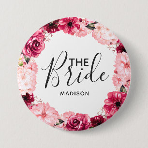 Badge Rond 7,6 Cm Chic Bourgogne & Couronne Florale Rose pour la Mar