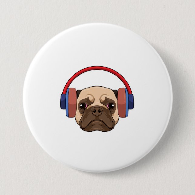 Badge Rond 7,6 Cm Chien à la musique avec casque (Devant)