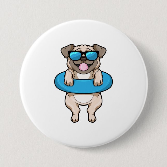 Badge Rond 7,6 Cm Chien à la natation avec anneau de natation (Devant)
