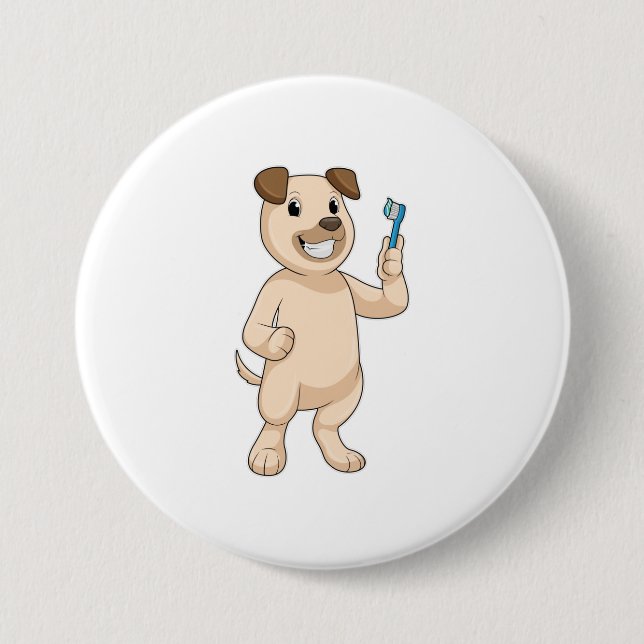 Badge Rond 7,6 Cm Chien avec brosse à dents (Devant)