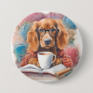 Badge Rond 7,6 Cm Chien avec une coupe de chocolat chaud