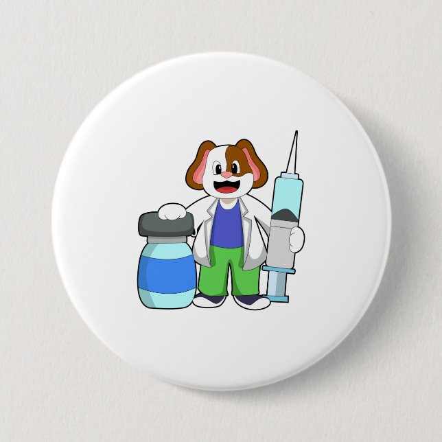 Badge Rond 7,6 Cm Chien comme docteur avec seringue (Devant)