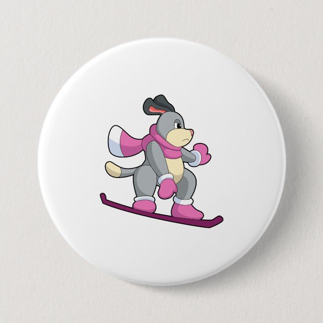 Badge Rond 7,6 Cm Chien en Snowboardeur avec Sonowboard (Devant)