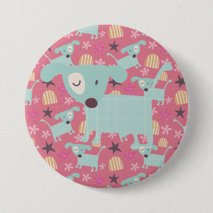 Badge Rond 7,6 Cm Chiens, étoiles et fleurs