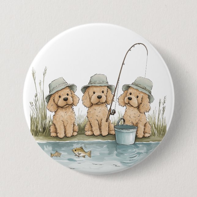 Badge Rond 7,6 Cm Chiens Goldendoodle à la pêche (Devant)