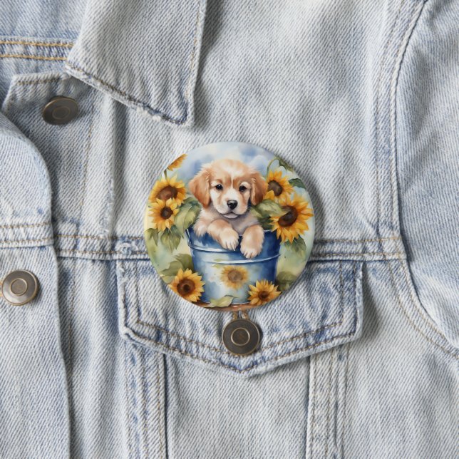 Badge Rond 7,6 Cm Chiot de tournesol (En situation)