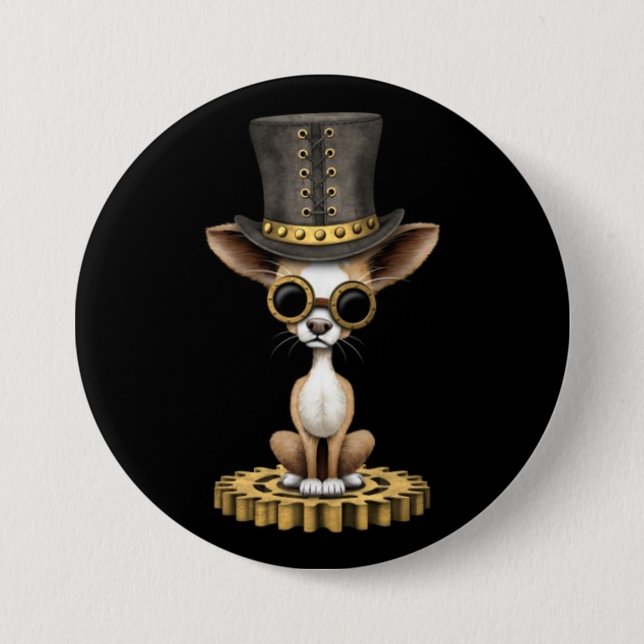 Badge Rond 7,6 Cm Chiot mignon de chiwawa de Steampunk, noir (Devant)