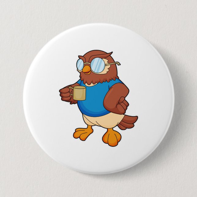 Badge Rond 7,6 Cm Chouette avec tasse de café (Devant)