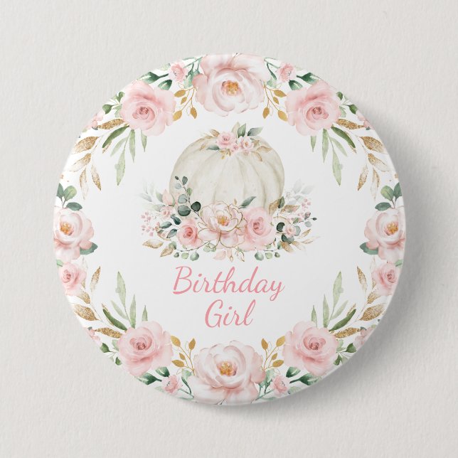 Badge Rond 7,6 Cm Citrouille Anniversaire Fille rose Blush Automne F (Devant)