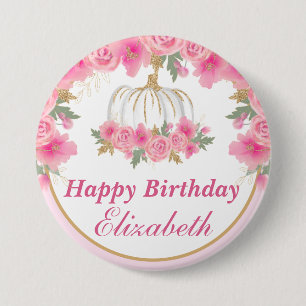 Badge Rond 7,6 Cm Citrouille dorée rose aquarelle Joyeux Anniversair